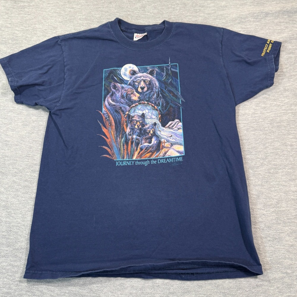 Hanes Shirt Men Large Blue Journey Dreamtime Wolves Graphic Nature 90s Tee